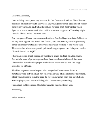 Priya Raman’s cover letter to Harbor Youth Services, set as a letter in Editorial
