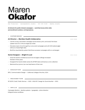 Maren Okafor’s résumé in The Monolith