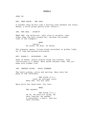 Elara-9, a scene set as a script in The Shooting Draft