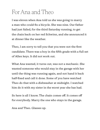 A wedding toast, For Ana and Theo, set to be read at the microphone in Classic